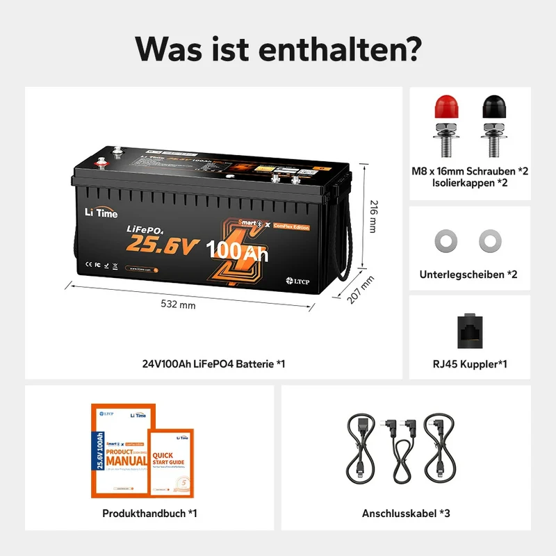 LiTime 24V 100Ah Smart ComFlex LiFePO4 – Bluetooth & Victron-kompatibel