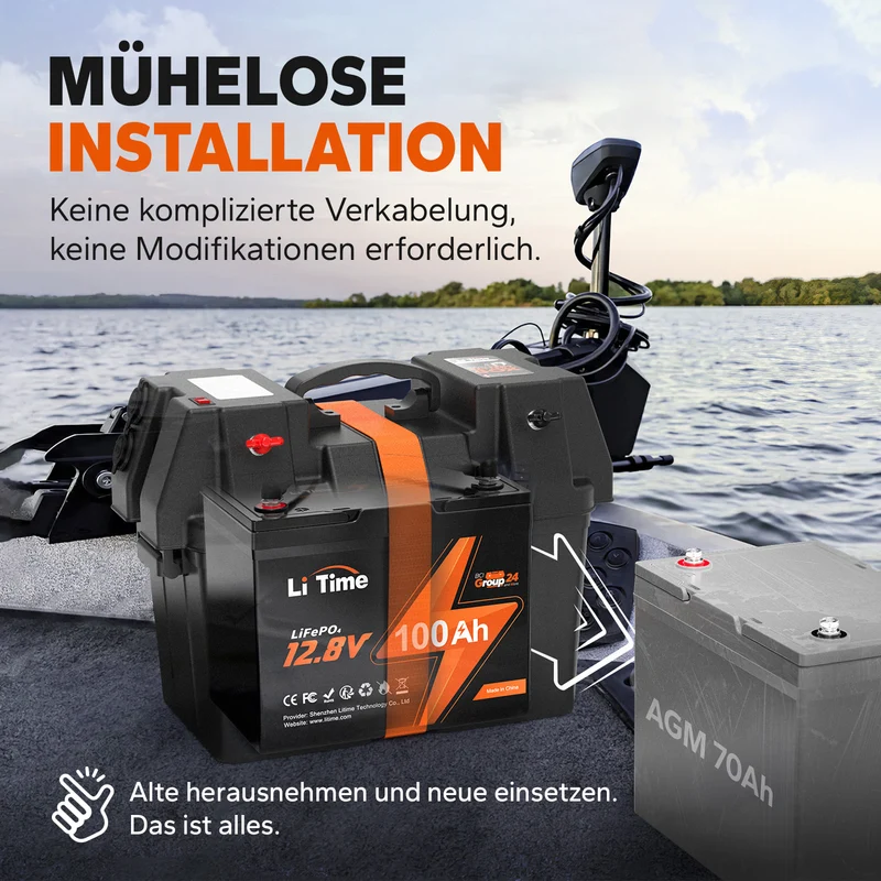 Kompakte LiTime 12V 100Ah Group24 LiFePO4-Batterie – Perfekt für MiniCamper, Angeln & platzsparende Installation