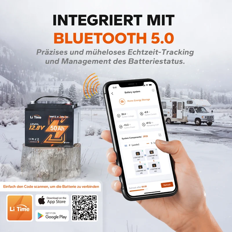 LiFePO4 12V 50Ah Bluetooth Kälteschutz Deep Cycle Lithium Batterie für Elektro Bootsmotor