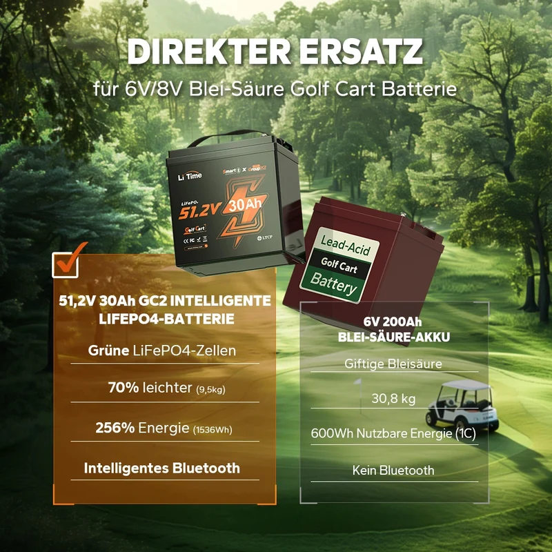 LiTime 48V 30Ah GC2 Bluetooth Lithium Batterie – Golf Cart LiFePO4 mit 100A BMS