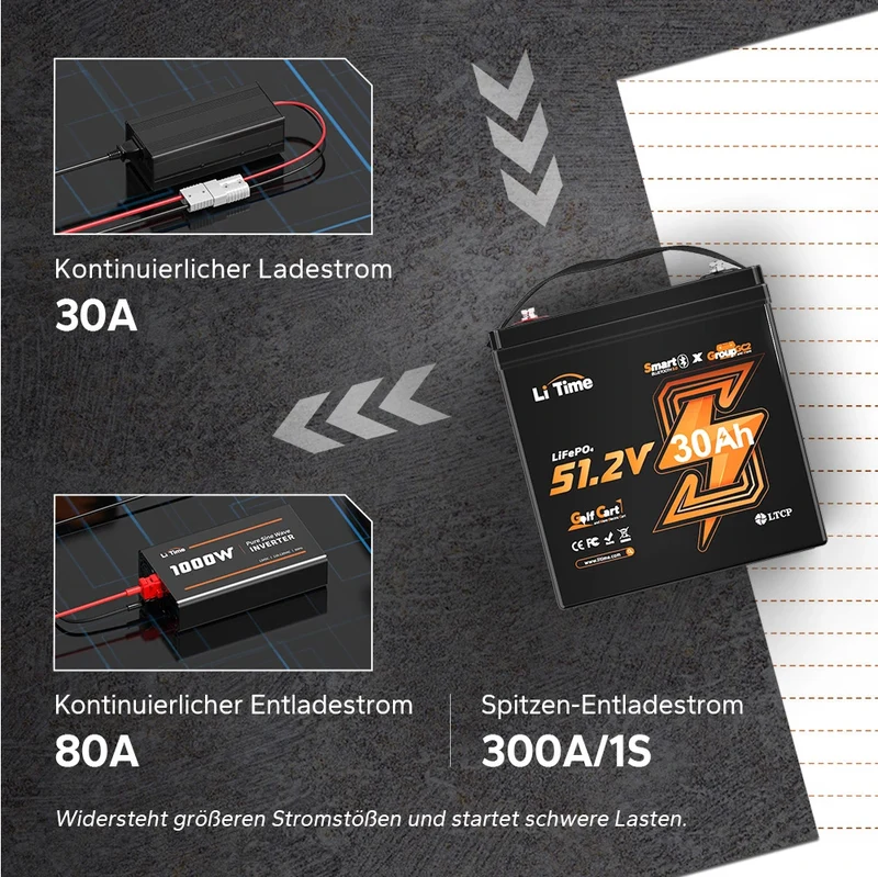 LiTime 48V 30Ah GC2 Bluetooth Lithium Batterie – Golf Cart LiFePO4 mit 100A BMS