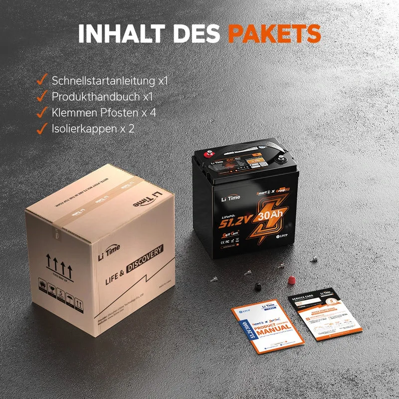 LiTime 48V 30Ah GC2 Bluetooth Lithium Batterie – Golf Cart LiFePO4 mit 100A BMS