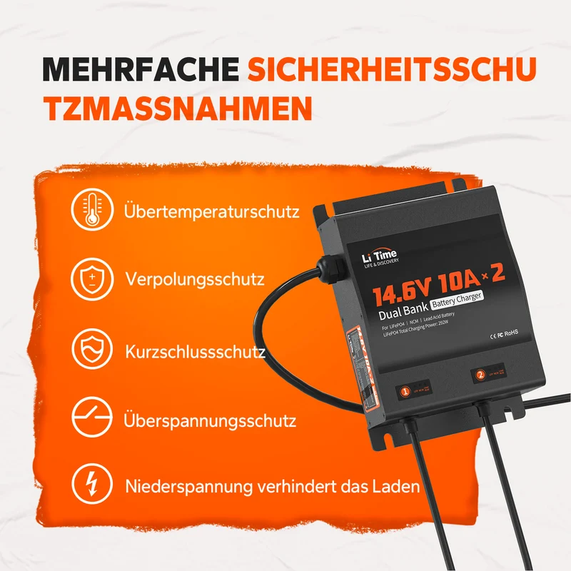 LiTime 14.6V 10A 2-Bank Batterieladegerät IP65 Wasserdicht