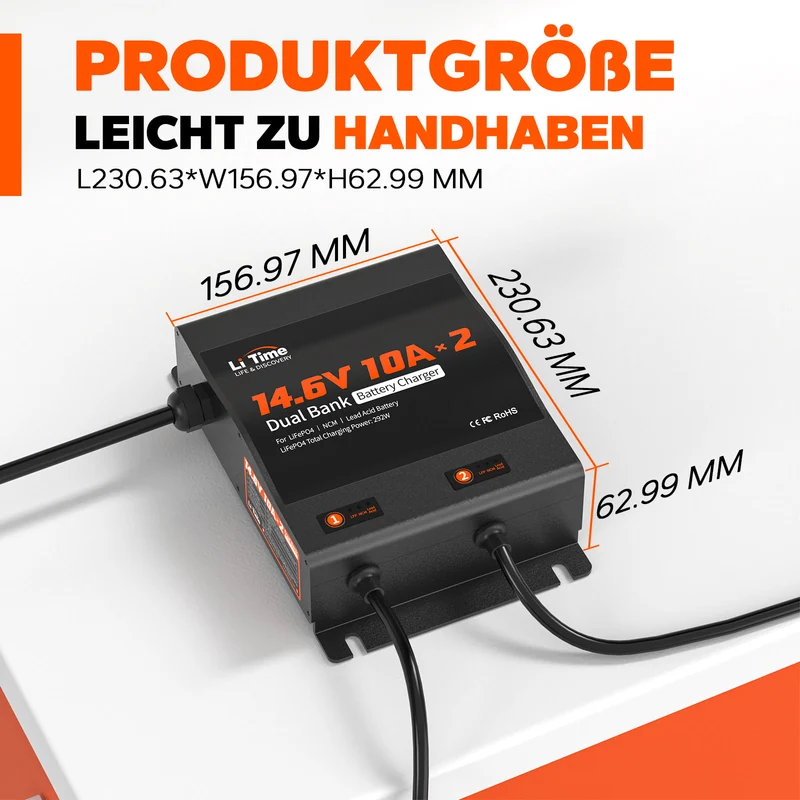 LiTime 14.6V 10A 2-Bank Batterieladegerät IP65 Wasserdicht