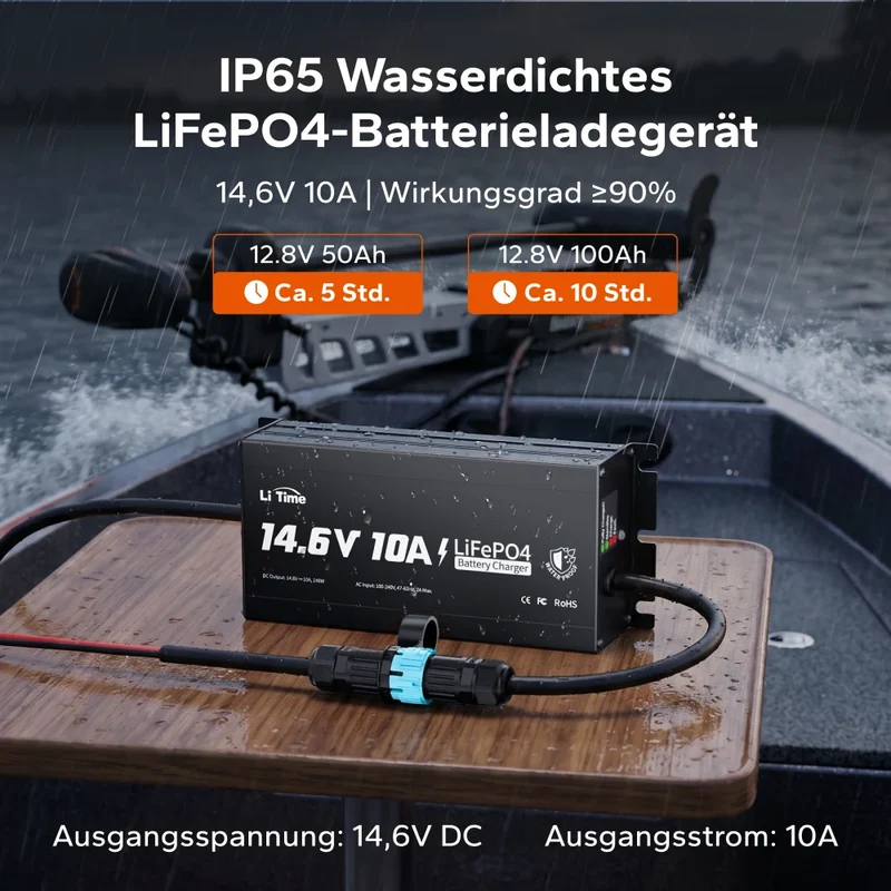 LiTime 12V 10A Lithium-Bordbatterieladegerät IP65 Wasserdicht