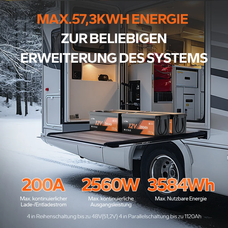 LiTime 12V 280Ah LiFePO4-Batterie mit 200A Dauerentladung, Low-Temp-Schutz und Deep-Cycle für Marine, Wohnmobile und Solar