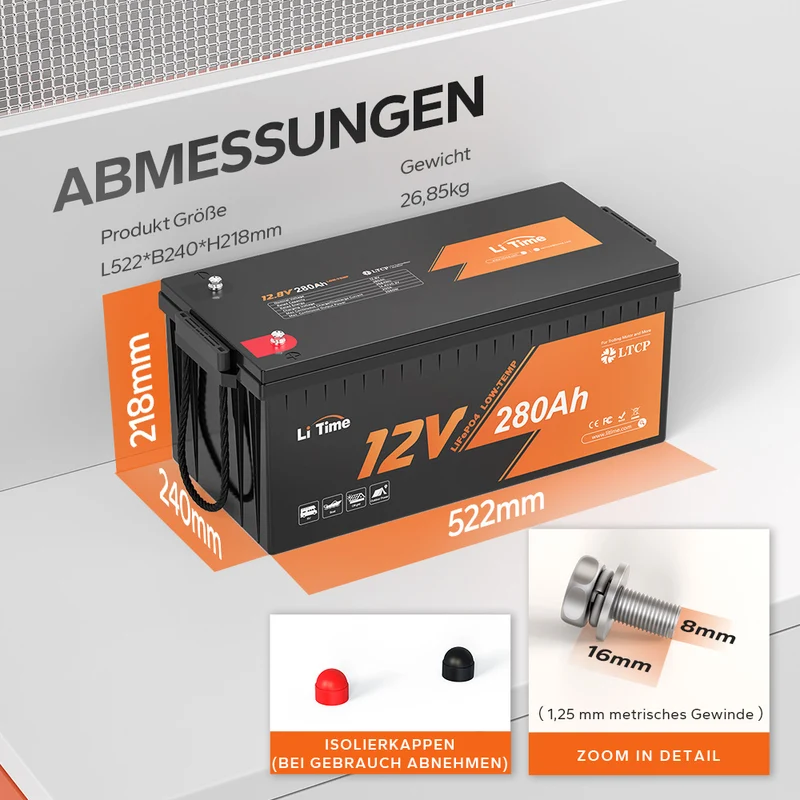 LiTime 12V 280Ah LiFePO4-Batterie mit 200A Dauerentladung, Low-Temp-Schutz und Deep-Cycle für Marine, Wohnmobile und Solar