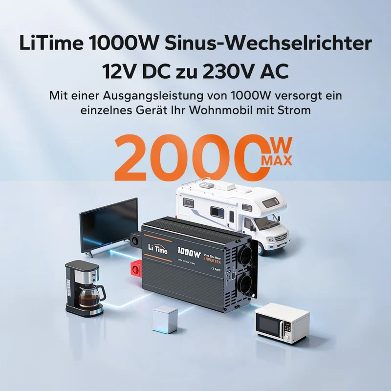 LiTime 1000W Reiner Sinsuswellen Wechselrichter 12VDC zu 230VAC Konverter