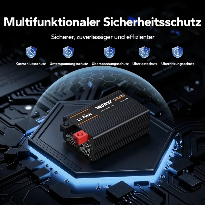 LiTime 1000W Reiner Sinsuswellen Wechselrichter 12VDC zu 230VAC Konverter