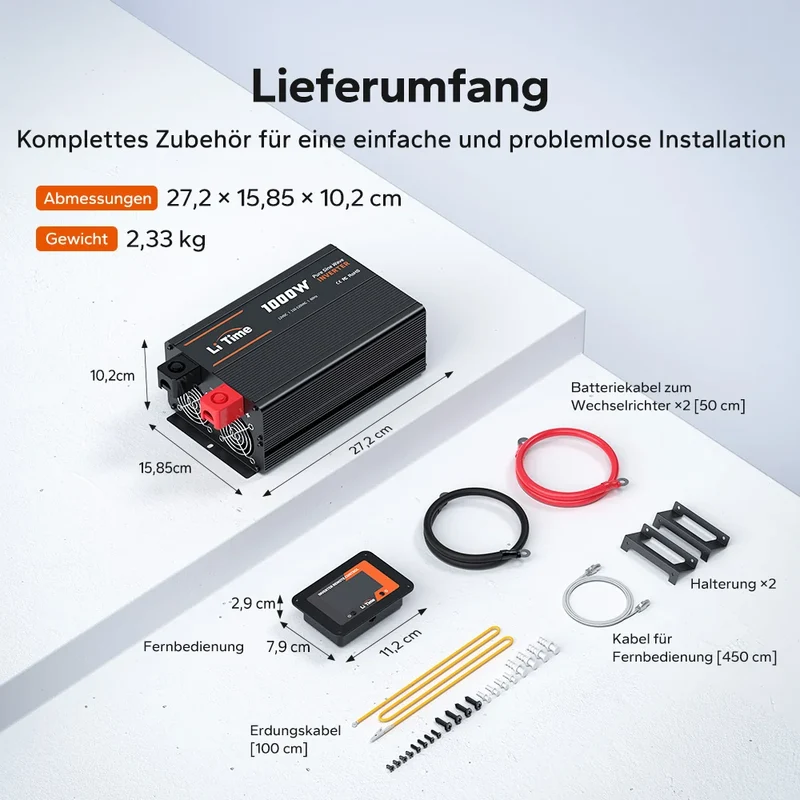 LiTime 1000W Reiner Sinsuswellen Wechselrichter 12VDC zu 230VAC Konverter