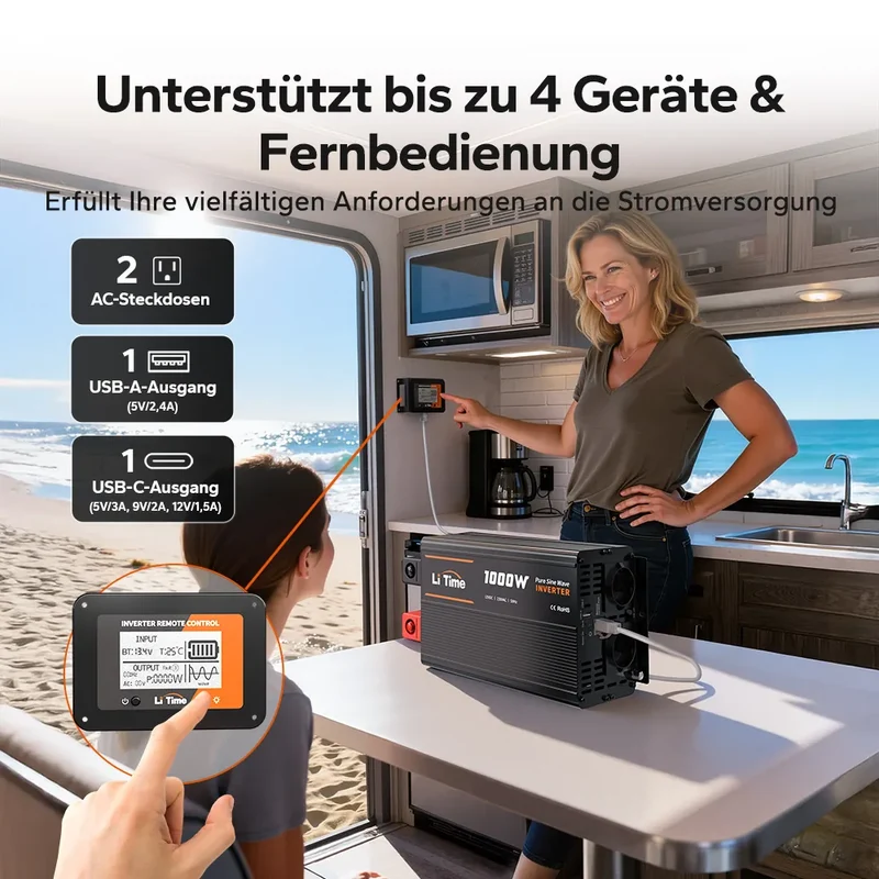 LiTime 1000W Reiner Sinsuswellen Wechselrichter 12VDC zu 230VAC Konverter