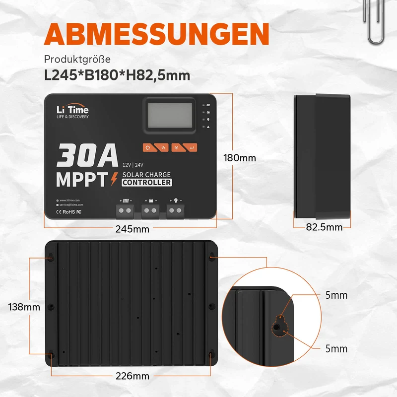 LiTime 30A MPPT 12V/24V Solarladeregler mit integriertem Bluetooth