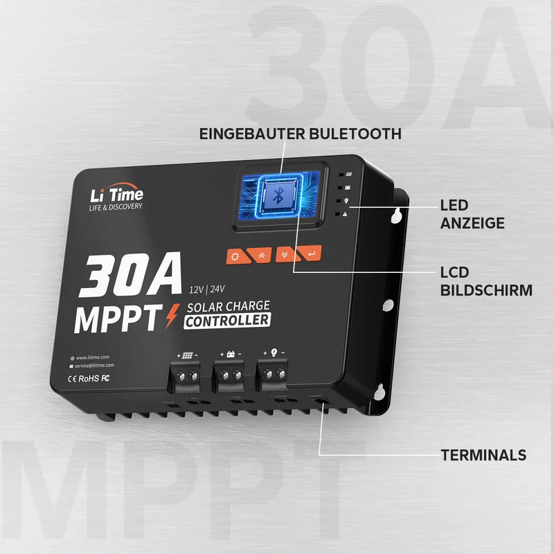 LiTime 30A MPPT 12V/24V Solarladeregler mit integriertem Bluetooth