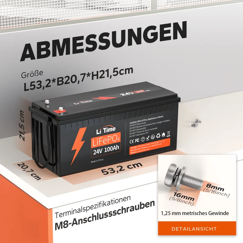 LiTime LiFePO4 24V 100Ah Deep Cycle Lithium-Ionen Batterie