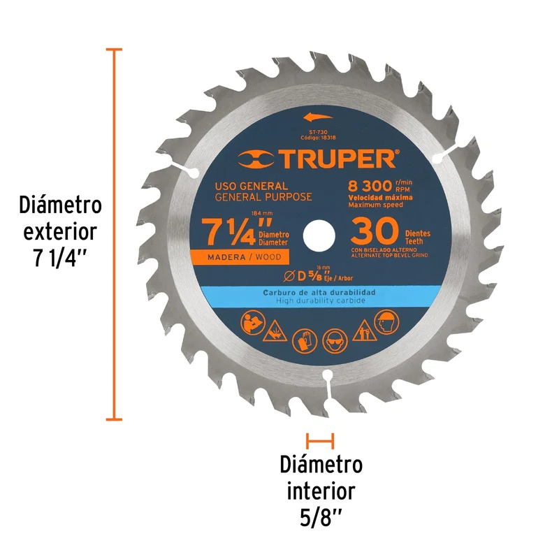DISCO SIERRA 7- 1/4" PARA MADERA, 30 DIENTES CENTRO 5/8"