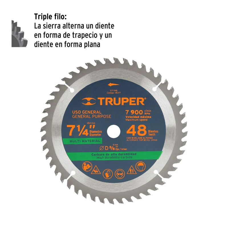 DISCO SIERRA TRUPER 7-1/4" MULTIMATERIAL, 48 DIENTES CENTRO 5/8"