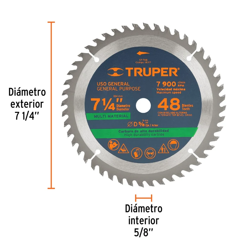 DISCO SIERRA TRUPER 7-1/4" MULTIMATERIAL, 48 DIENTES CENTRO 5/8"
