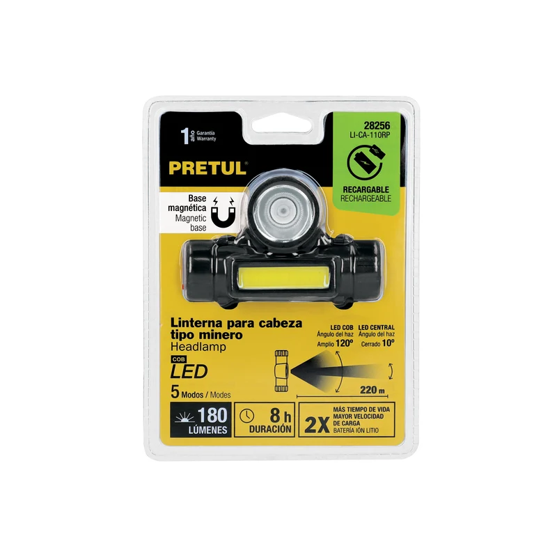 LINTERNA DE MINERO LED 180 LM, CON IMÁN, RECARGABLE, PRETUL