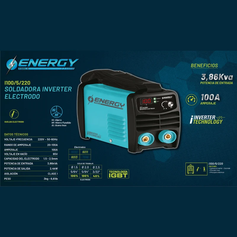 SOLDADOR INVERTER 100 AMP 220V 50HZ ENERGY