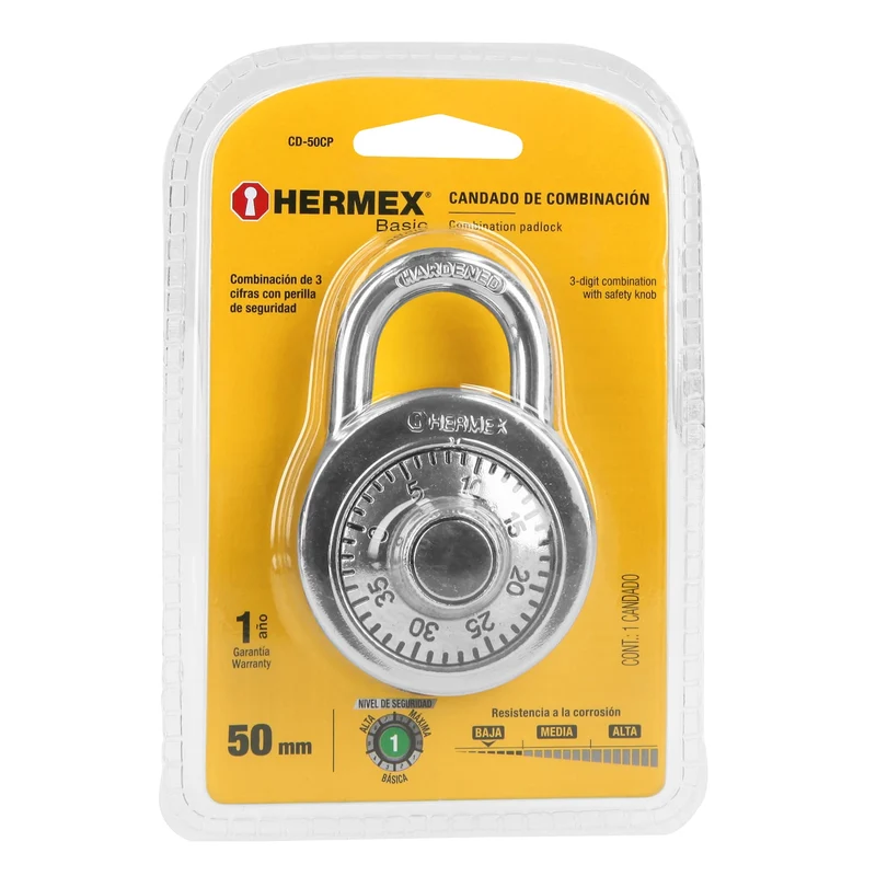 CANDADO DE COMBINACIÓN DE DISCO EN BLÍSTER, HERMEX