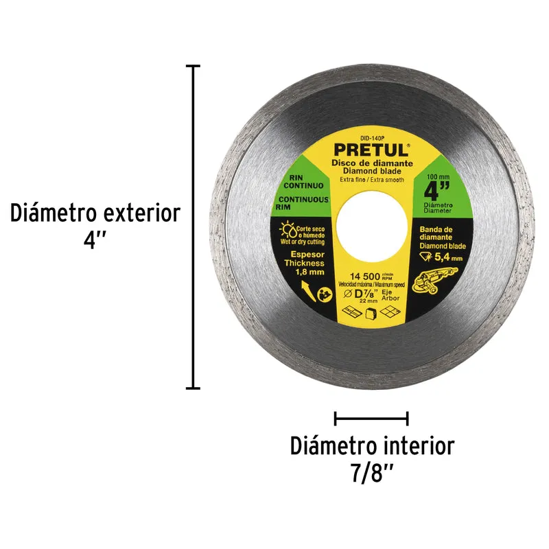DISCO DE DIAMANTE DE 4" X 1.8 MM, RIN CONTINUO