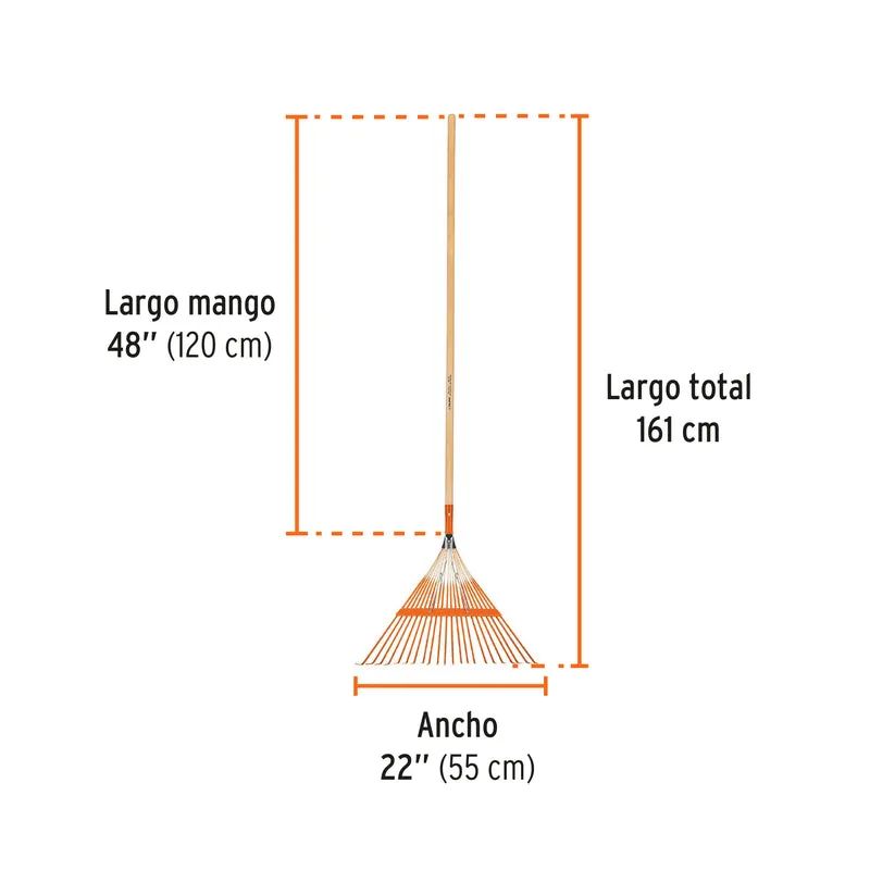 ESCOBA METÁLICA PARA JARDÍN,RECTA, 22 DIENTES, MANGO 48"