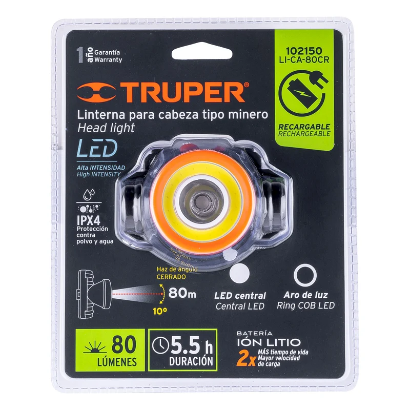 LINTERNA DE MINERO LED 80 LM TRUPER, RECARGABLE