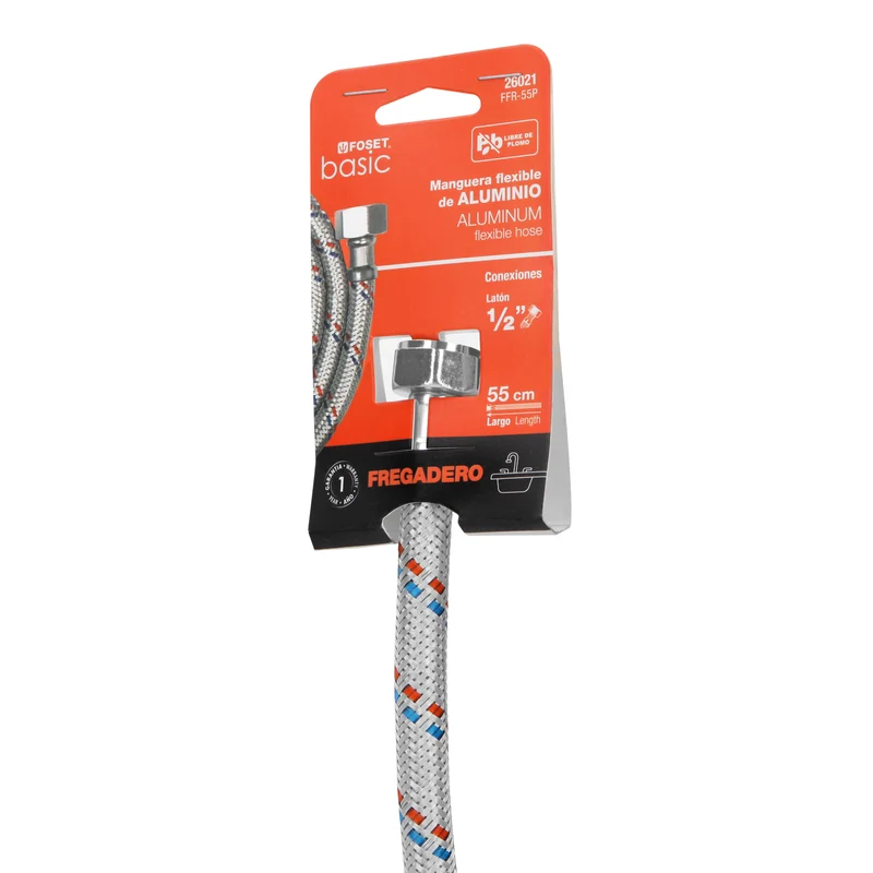 MANGUERA PARA LAVABO FOSET, ALUMINIO, 1/2"X1/2",55 CM