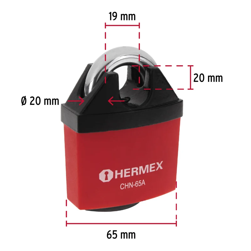 CANDADO DE HIERRO 65 MM HERMEX GANCHO PROTEGIDO, LLAVE ANTI-GANZÚA