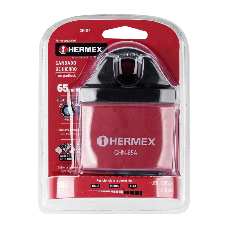 CANDADO DE HIERRO 65 MM HERMEX GANCHO PROTEGIDO, LLAVE ANTI-GANZÚA