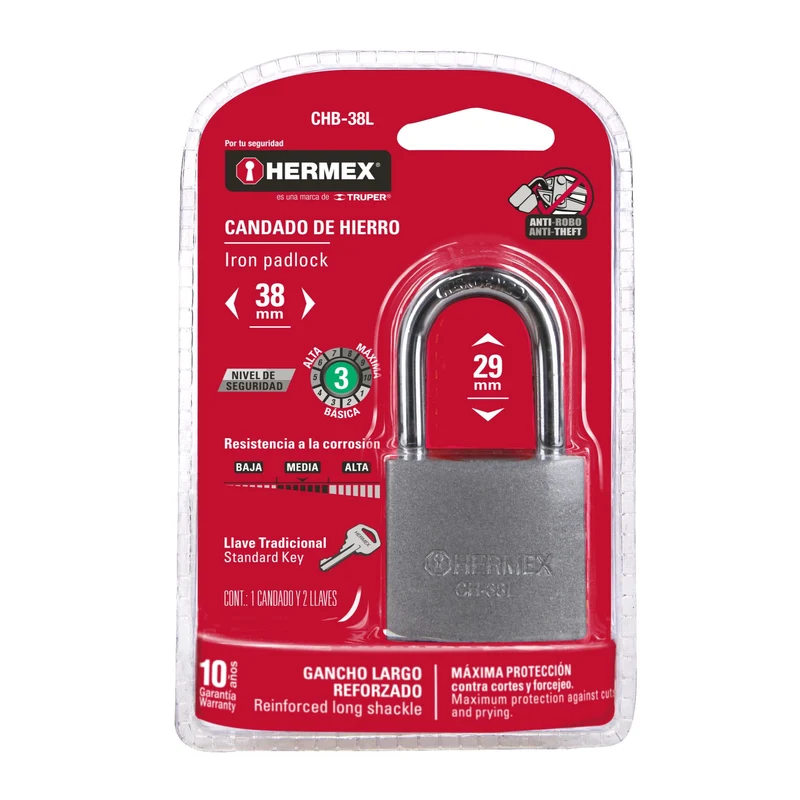CANDADO DE HIERRO 38 MM GANCHO LARGO HERMEX, EN BLÍSTER