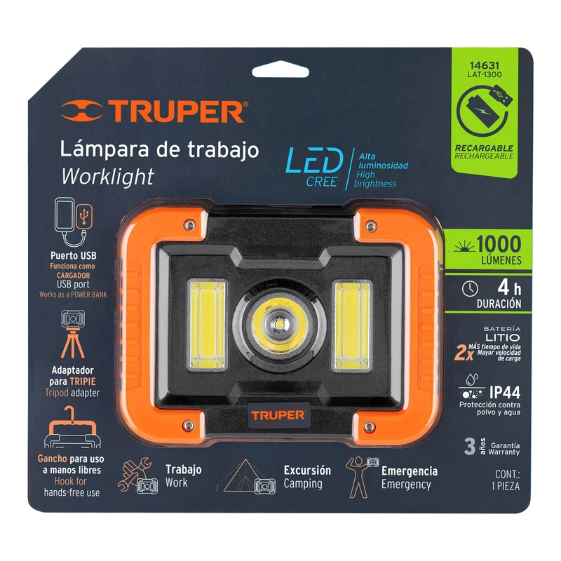 LÁMPARA LED TRUPER 1000 LM DE TRABAJO, RECARGABLE