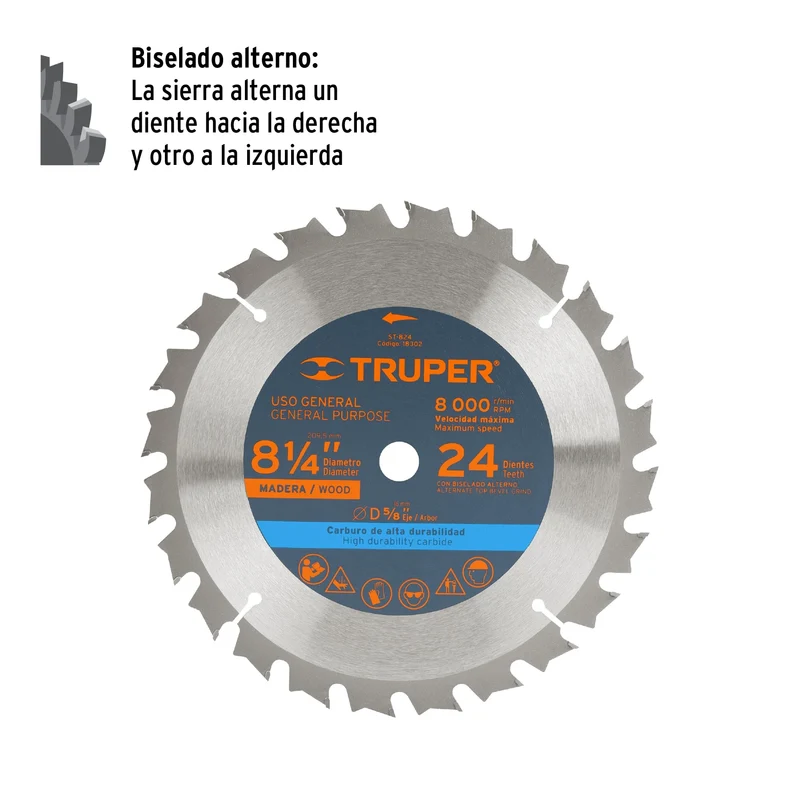HOJA SIERRA 8-1/4" PARA MADERA, 24 DIENTES CENTRO 5/8"