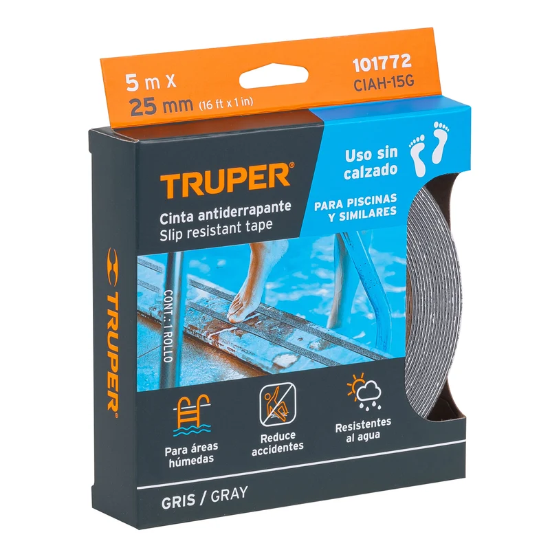 5M CINTA ANTIDERRAPANTE TRUPER, 25MM GRIS, PARA ÁREAS HÚMEDAS