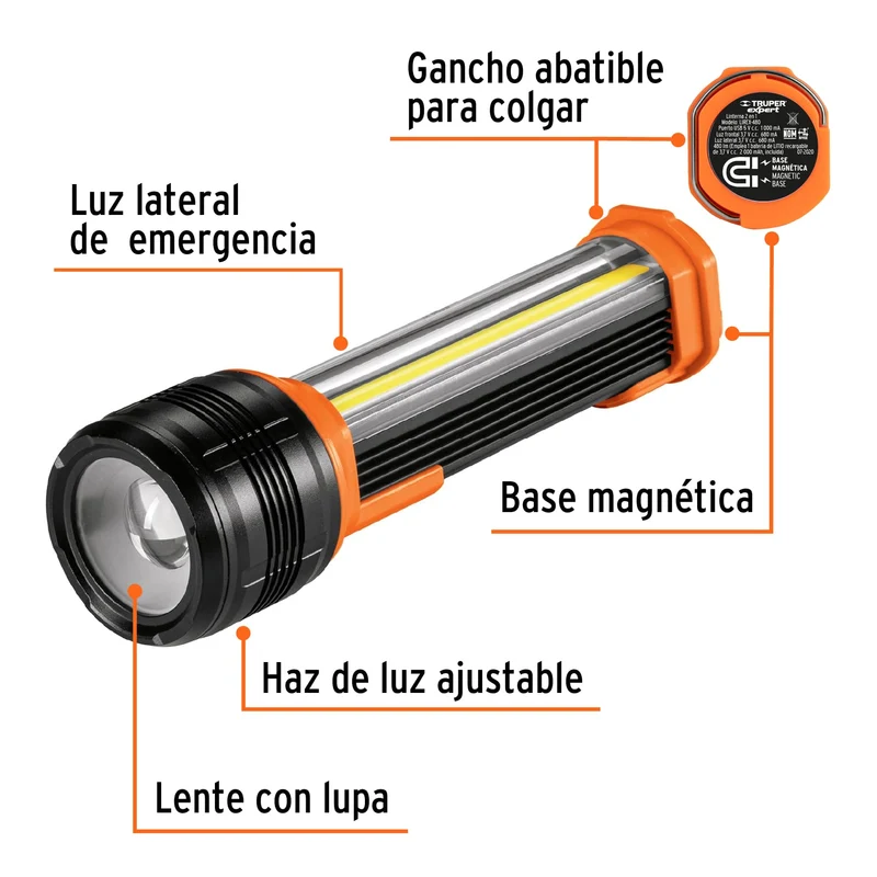 LINTERNA RECARGABLE CON LUZ EMERGENCIA TRUPER, 480LM