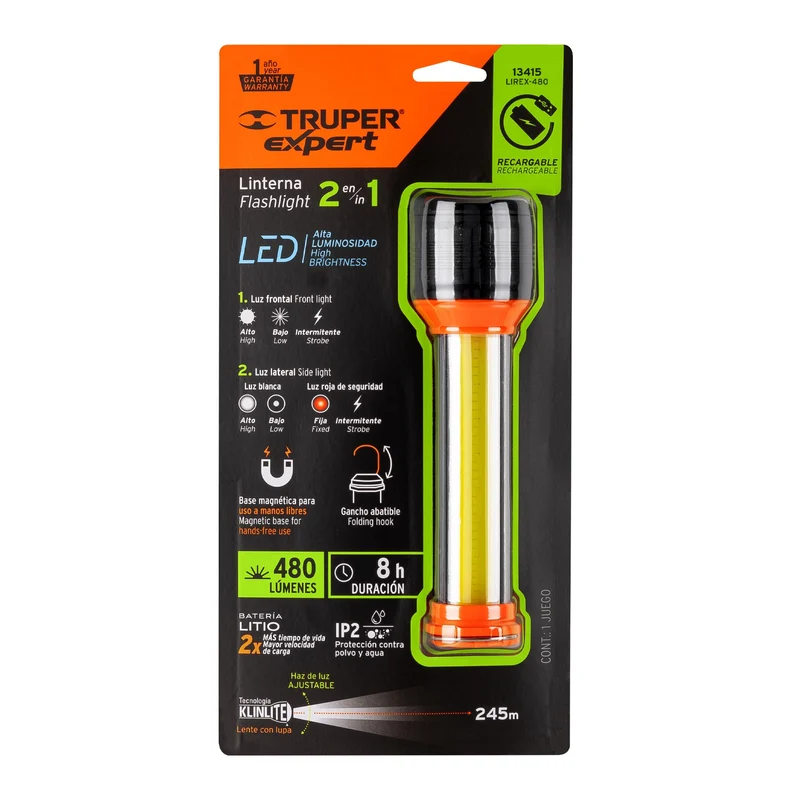 LINTERNA RECARGABLE CON LUZ EMERGENCIA TRUPER, 480LM
