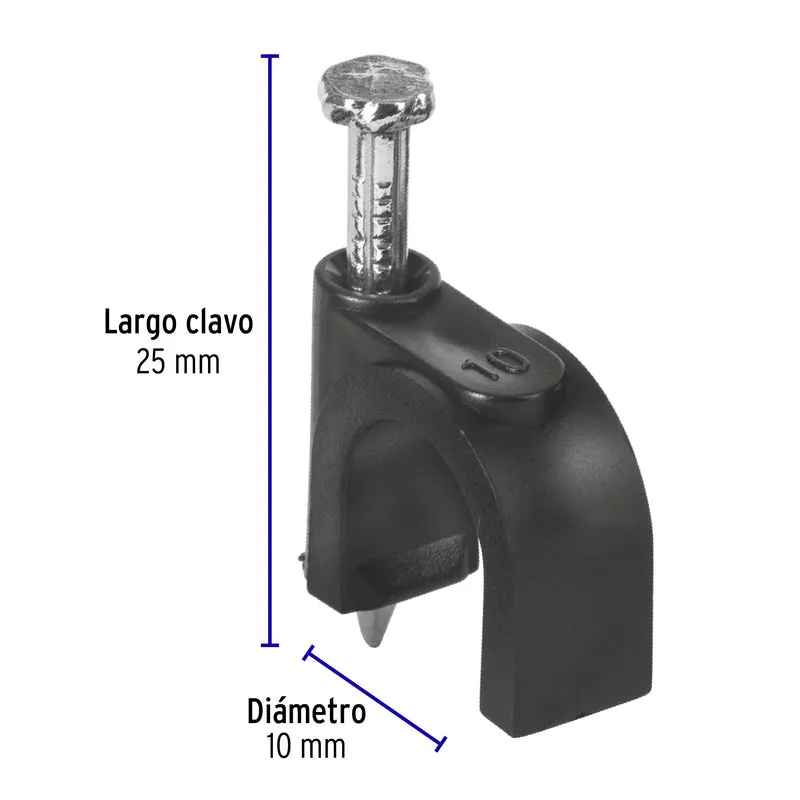 BOLSA CON 20 GRAPAS NEGRAS VOLTECK DE 10 MM PARA CABLE REDONDO