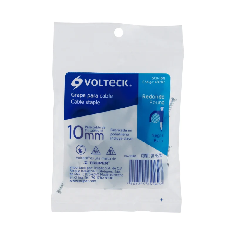 BOLSA CON 20 GRAPAS NEGRAS VOLTECK DE 10 MM PARA CABLE REDONDO