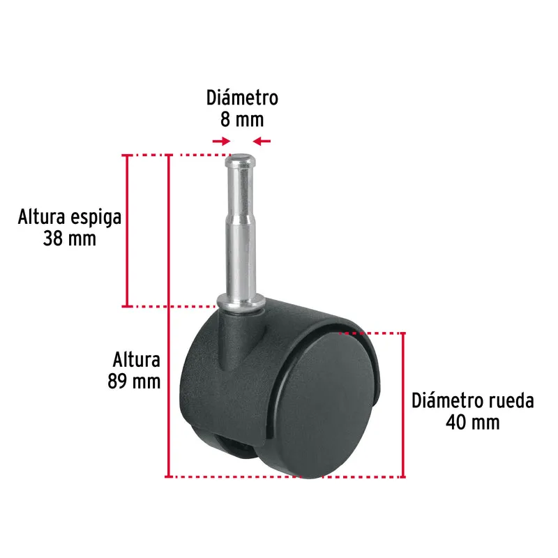 RODAJA TIPO YOYO DE 40 MM CON ESPIGA PARA MADERA, FIERO