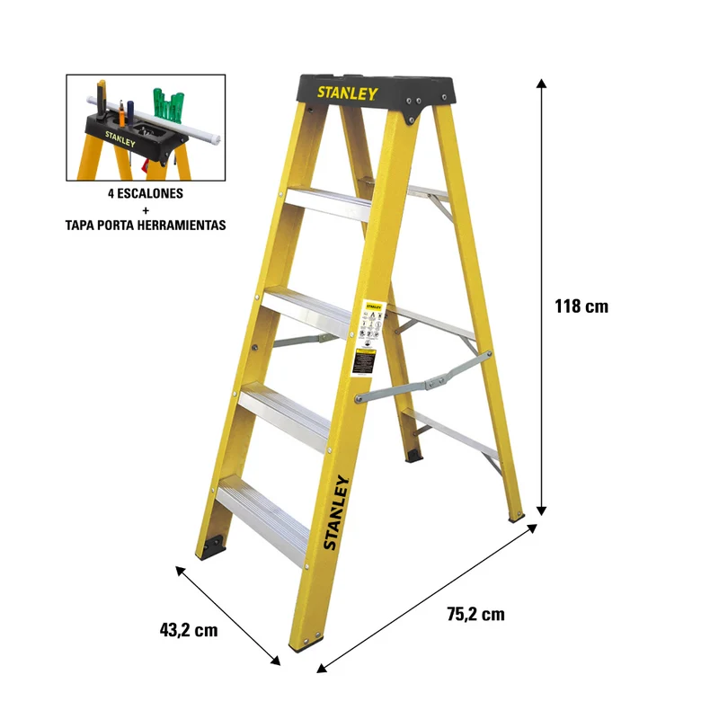 ESCALERA STANLEY DE FIBRA DE VIDRIO, TIPO TIJERA, 4 ESCALONES