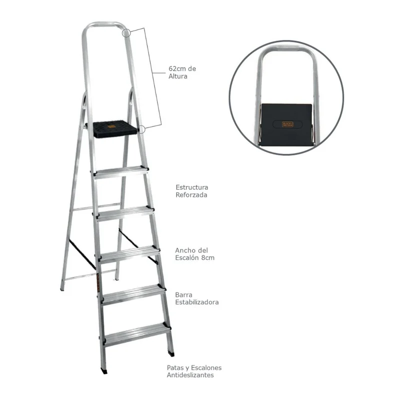 ESCALERA REFORZADA DE ALUMINIO BLACK&DECKER, 6 ESCALONES, 150 KG