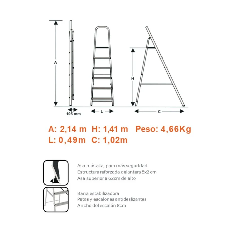 ESCALERA REFORZADA DE ALUMINIO BLACK&DECKER, 6 ESCALONES, 150 KG