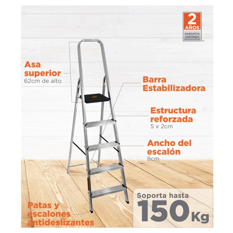 ESCALERA REFORZADA DE ALUMINIO BLACK&DECKER, 5 ESCALONES, 150 KG