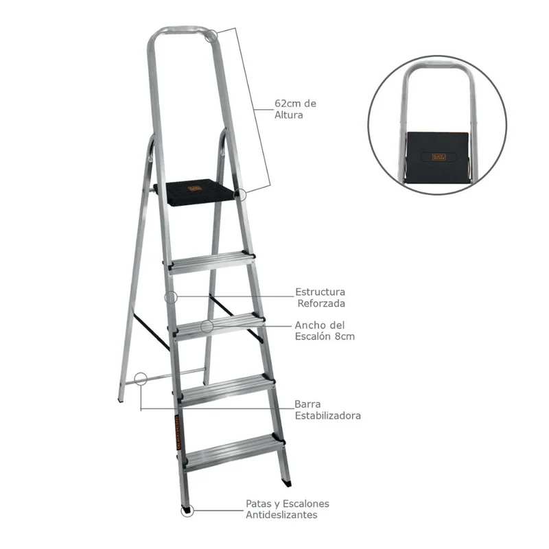 ESCALERA REFORZADA DE ALUMINIO BLACK&DECKER, 5 ESCALONES, 150 KG