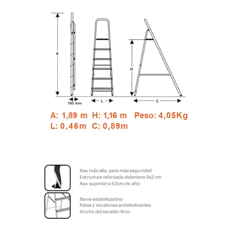 ESCALERA REFORZADA DE ALUMINIO BLACK&DECKER, 5 ESCALONES, 150 KG