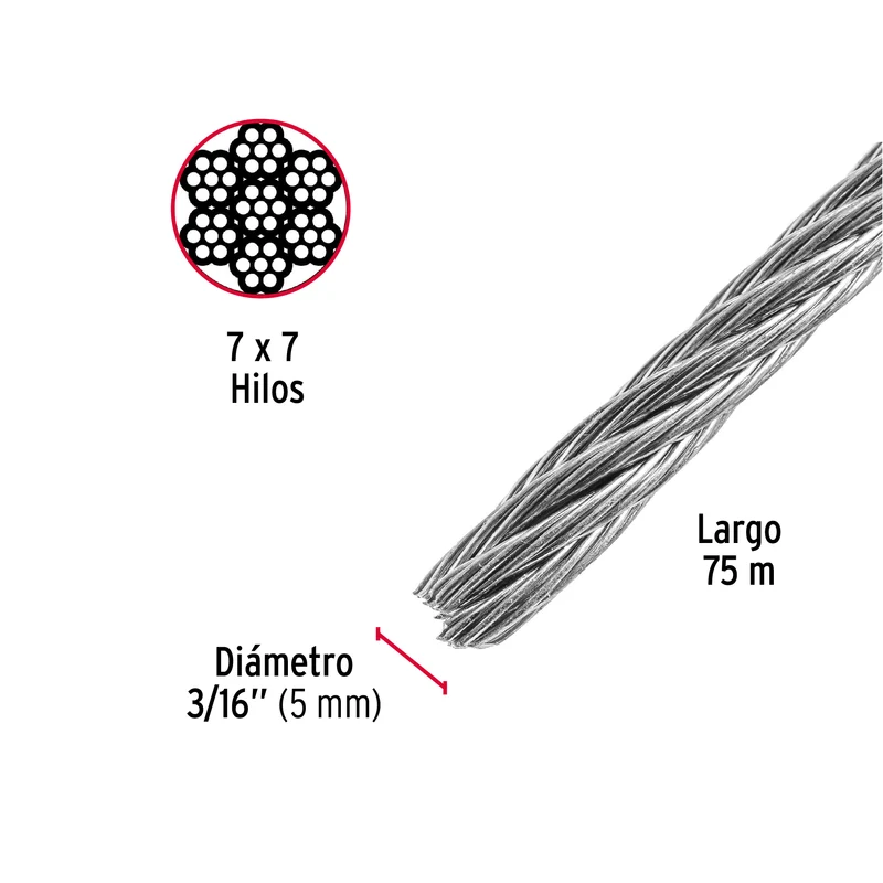CABLE DE ACERO RÍGIDO 3/16" DE ACERO 7X7 HILOS, 75 M, FIERO