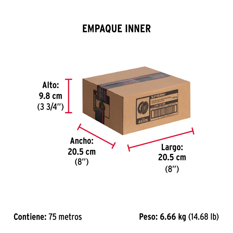 CABLE DE ACERO RÍGIDO 3/16" DE ACERO 7X7 HILOS, 75 M, FIERO
