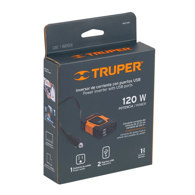 INVERSOR DE CORRIENTE TRUPER 120 W 2 PUERTOS USB 3.1 A