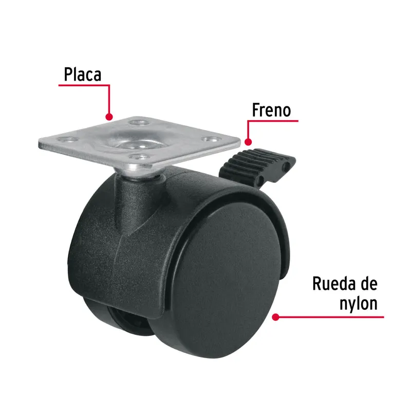 RODAJA TIPO YOYO DE 40 MM CON PLACA, CON FRENO, FIERO