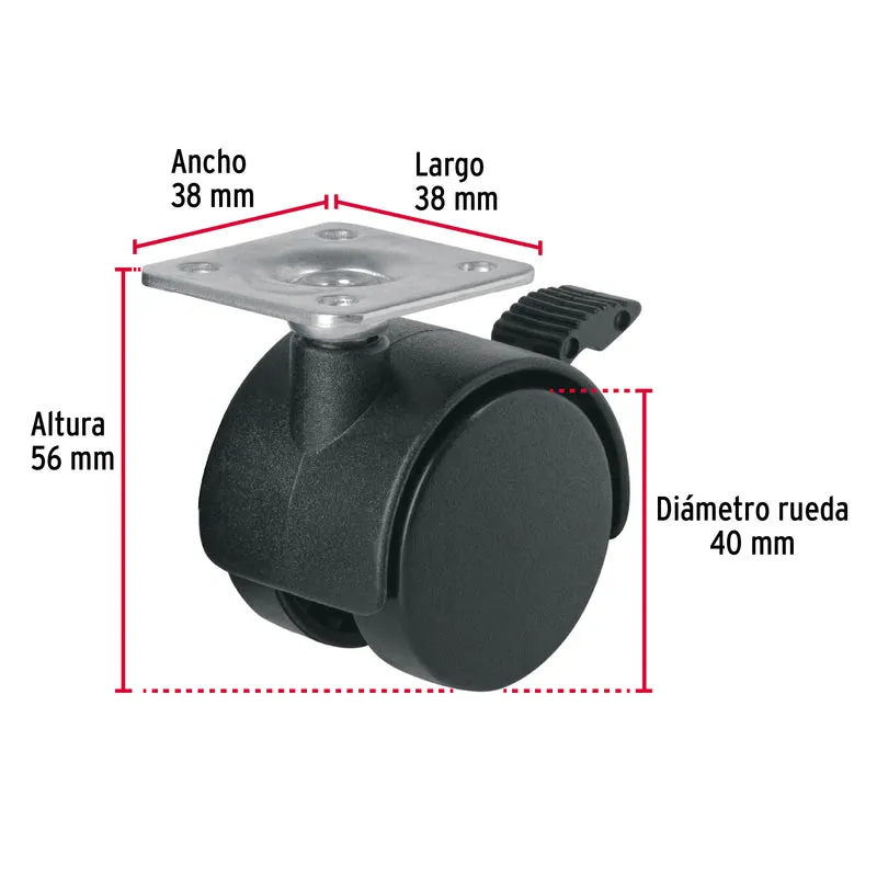 RODAJA TIPO YOYO DE 40 MM CON PLACA, CON FRENO, FIERO